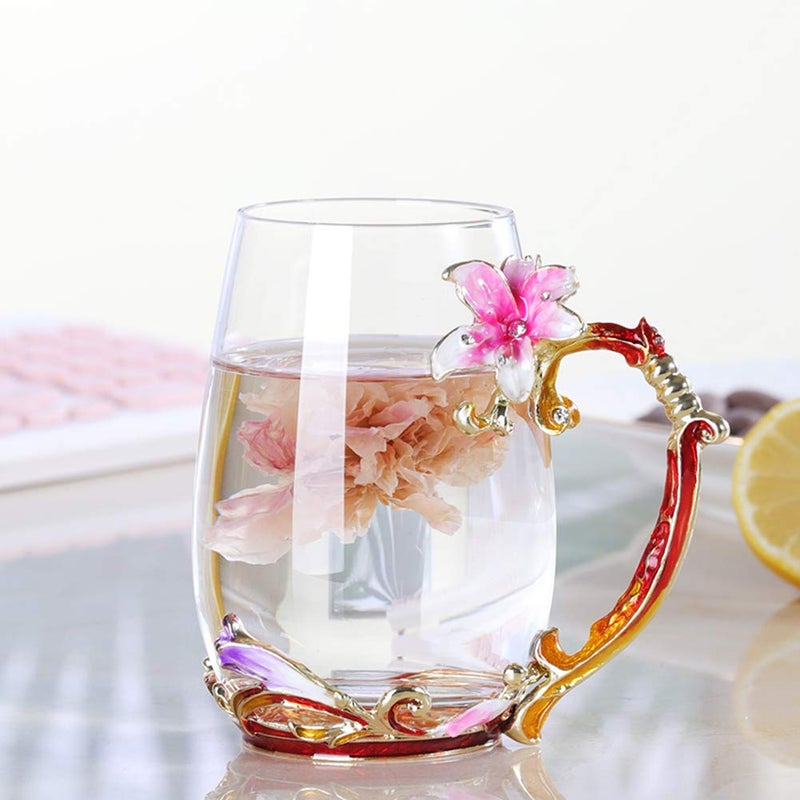Mooduuty Tea Cup, Motherâ€™s Day Gifts, Coffee Mug Cups, Lily Flower Glass Tea Cup, Unique Personalized Birthday Present Ideas for Women Grandma Mom Teachers Hot Beverages 13OZ Pink - Image 4